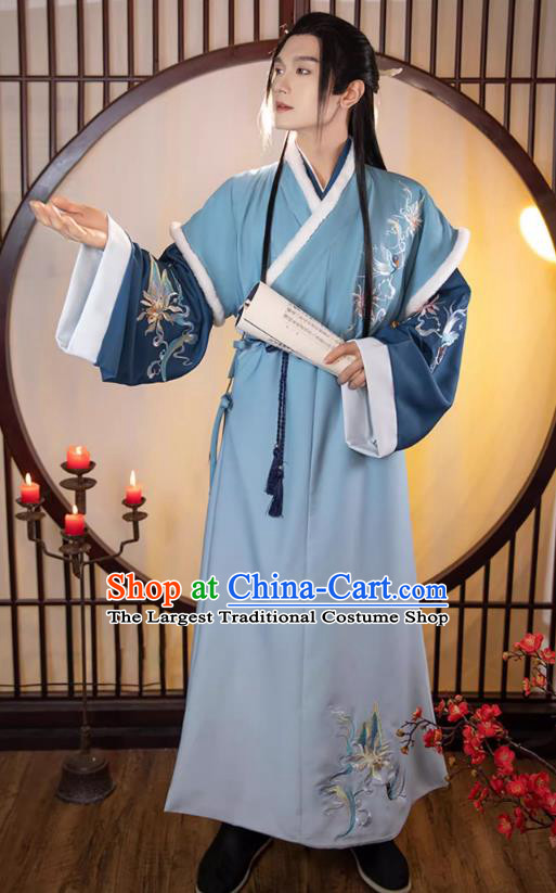 Chinese Ancient Young Childe Clothing Song Dynasty Swordsman Garment Costumes Traditional Winter Blue Hanfu