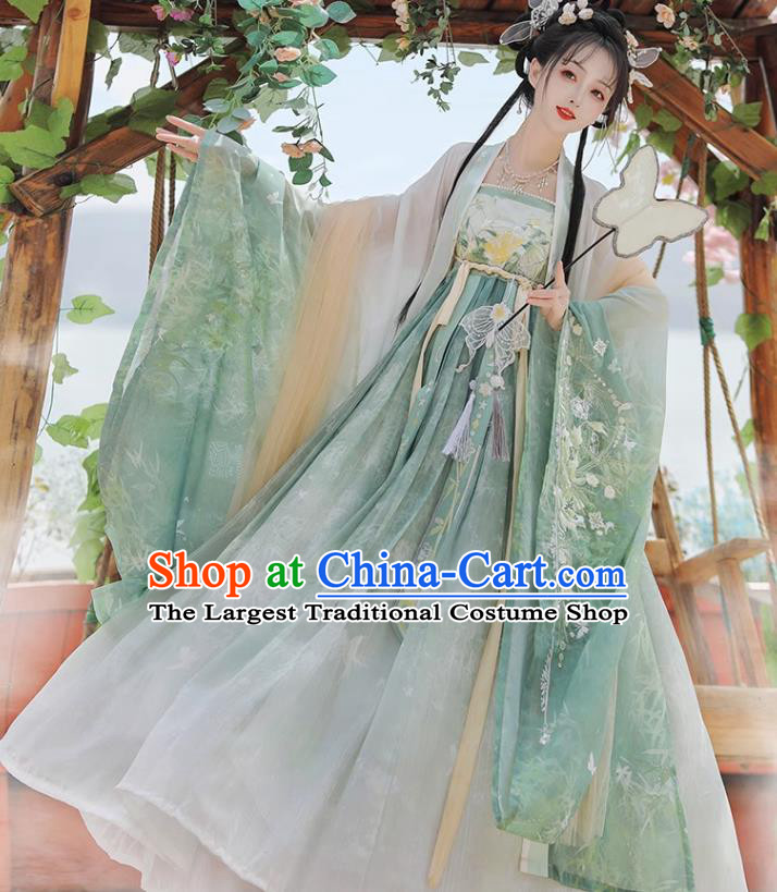 Chinese Ancient Flower Fairy Clothing Tang Dynasty Royal Princess Garment Costumes Traditional Green Hanfu Dress