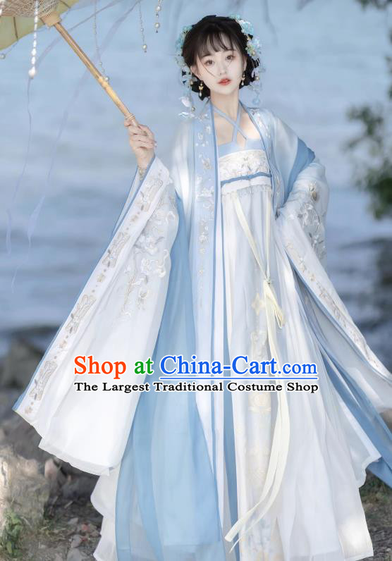 Chinese Traditional Woman Blue Hanfu Dress Ancient Flower Fairy Clothing Tang Dynasty Royal Princess Garment Costumes