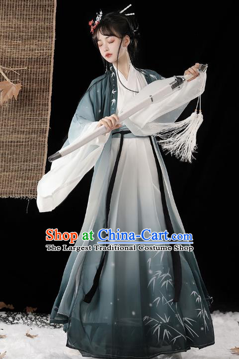 China Song Dynasty Young Woman Dark Green Dress Ancient Female Swordsman Garment Costumes Traditional Hanfu Outfit