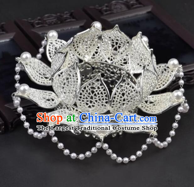 Chinese Hanfu Jewelries Ancient Empress Argent Lotus Crown Handmade Song Dynasty Headdress