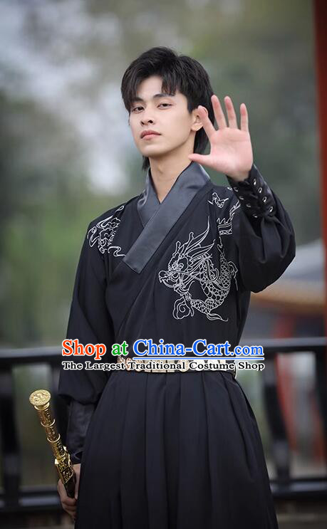 Chinese Ming Dynasty Imperial Bodyguard Costumes Traditional Hanfu Fei Yu Garment Ancient Swordsman Black Clothing