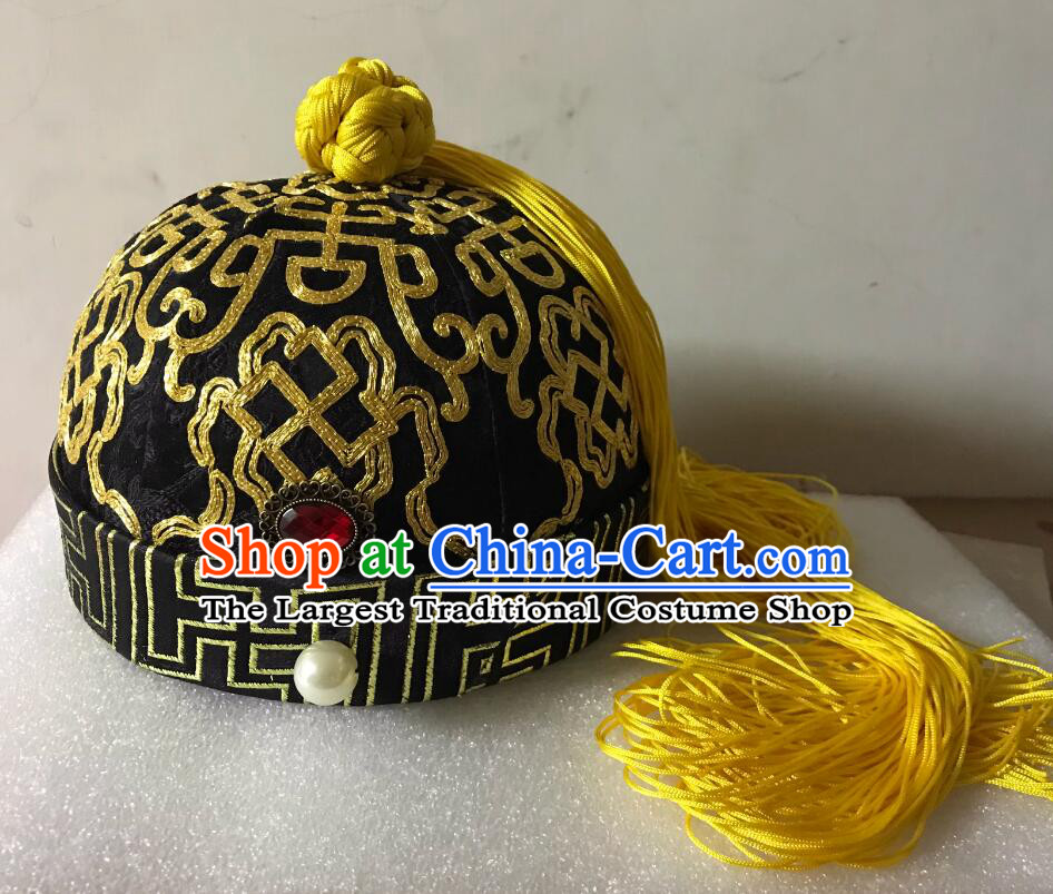 Ancient China Headwear Qing Dynasty Emperor Skullcap Chinese Handmade Suzhou Embroidery Prince Hat