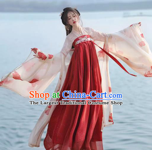 China Ancient Princess Red Dress Tang Dynasty Young Lady Clothing Traditional Woman Costumes Flower Fairy Hanfu