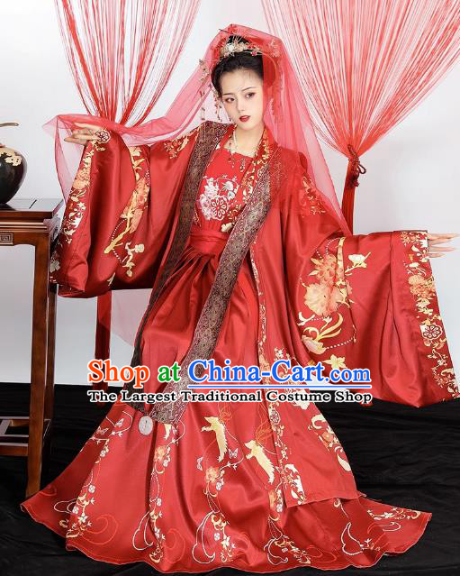 China Ancient Bride Red Dresses Song Dynasty Royal Mistress Clothing Traditional Hanfu Xia Pei Wedding Costumes