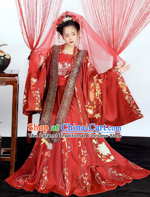 China Ancient Bride Red Dresses Song Dynasty Royal Mistress Clothing Traditional Hanfu Xia Pei Wedding Costumes