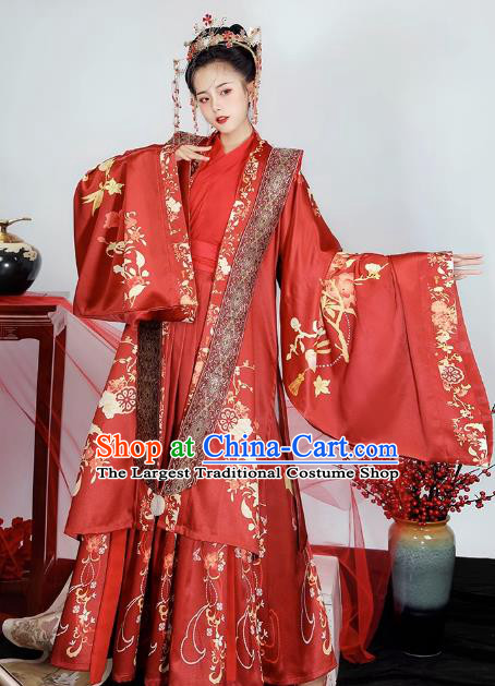 China Ancient Bride Red Dresses Song Dynasty Royal Mistress Clothing Traditional Hanfu Xia Pei Wedding Costumes