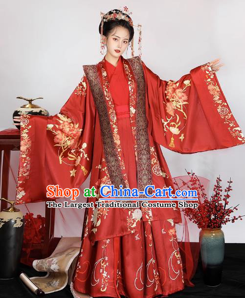 China Ancient Bride Red Dresses Song Dynasty Royal Mistress Clothing Traditional Hanfu Xia Pei Wedding Costumes