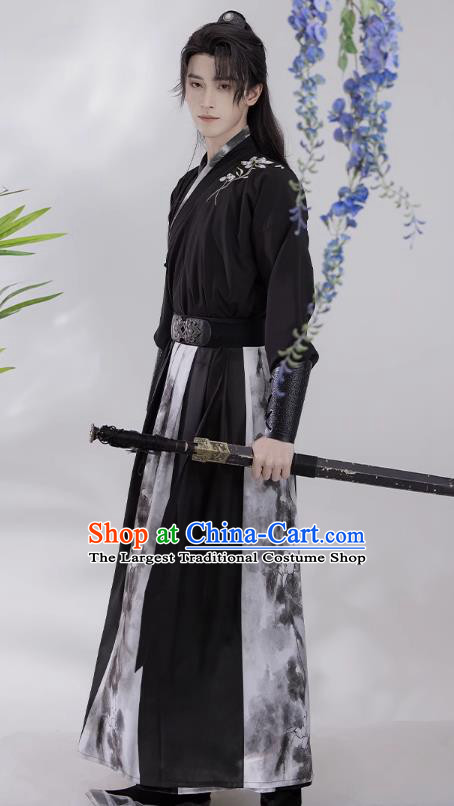 China Ancient Young Hero Costumes Ming Dynasty Male Clothing Wuxia TV Series Swordsman Black Hanfu Outfit