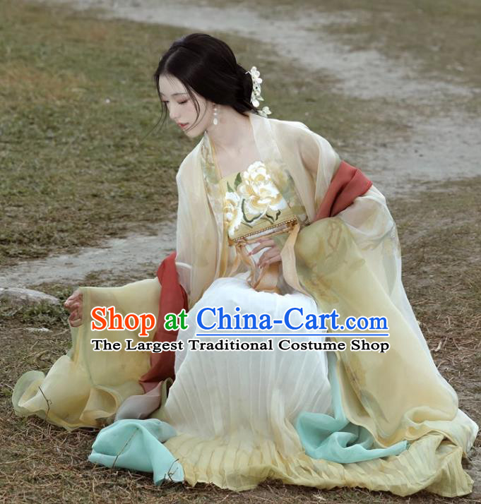 China Ancient Palace Lady Costumes Tang Dynasty Princess Yellow Dresses Traditional Hanfu Embroidered Hezi Qun Clothing