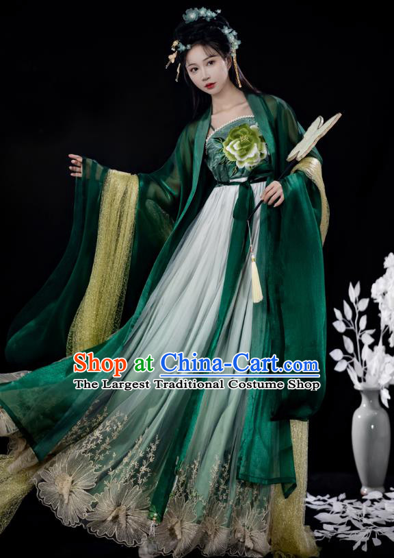 China Tang Dynasty Royal Princess Clothing Traditional Hanfu Embroidered Hezi Qun Ancient Court Woman Green Dresses