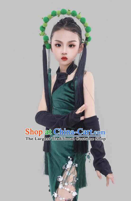 Girls Dark Green Cheongsam Suit Beijing Opera Elements Chinese Style Republic Of China Style Children Dress Catwalk