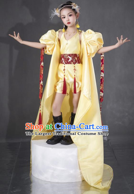 Girls Yellow Twenty Four Solar Terms Awakening Of Insects Dress Chinese Style Suit T Stage Show Catwalk Competition Suit