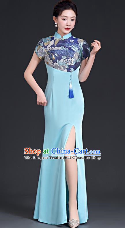 Top Fishtail Slit Evening Dress Chinese Style Model Catwalk Group Performance Costume Stage