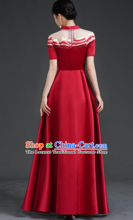 Chinese Banquet Evening Dress Choir Stage Model Catwalk Costume Wine Red