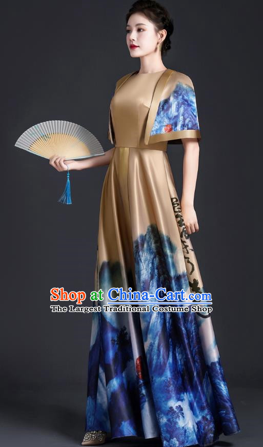 Chinese Style Top Atmospheric Landscape Painting Banquet Evening Dress Long Model Stage Catwalk Art Examination Performance Dress