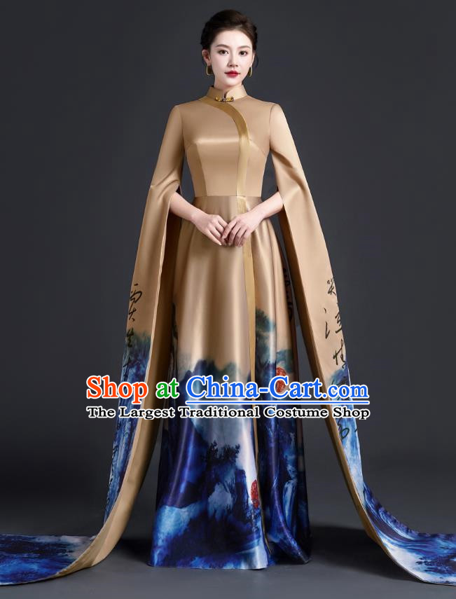 Chinese Style Top Atmospheric Model Catwalk Costumes Long Art Examination Cheongsam Dress Exaggerated Long Sleeved Host Clothing