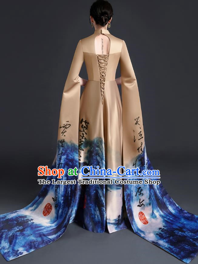Chinese Style Top Atmospheric Model Catwalk Costumes Long Art Examination Cheongsam Dress Exaggerated Long Sleeved Host Clothing