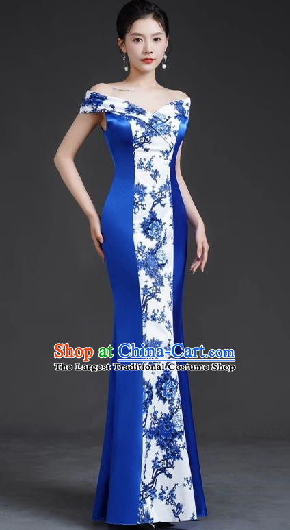 Chinese Retro Blue And White Porcelain Catwalk Cheongsam Performance Costume Long Fishtail Slim Top One Shoulder Evening Dress