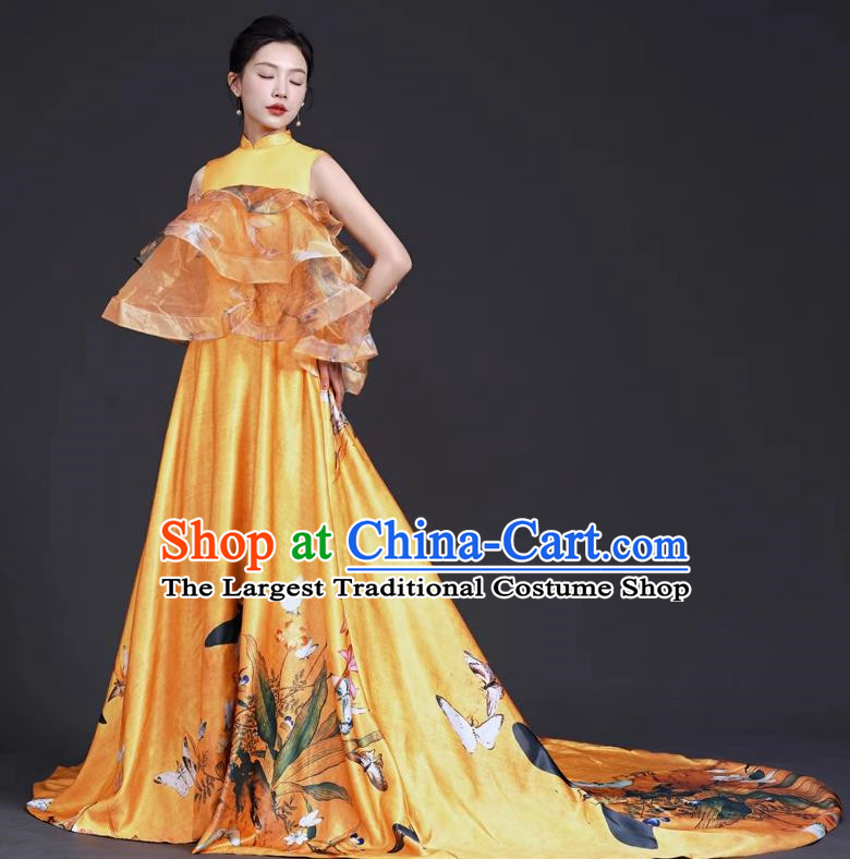 Chinese Style Top Big Tail Dress To Host The Banquet Dress Art Test Model Catwalk Show Exaggerated Performance Dress Skirt Self Cultivation