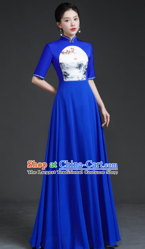 Top Chinese Style Model Catwalk Performance Costume Long Annual Meeting Evening Dress Blue Dress