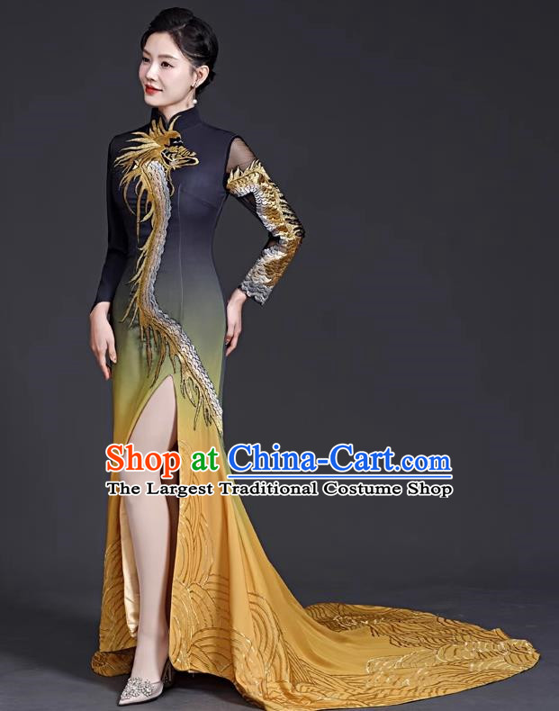 Chinese Style Top Banquet Evening Dress Trailing Long Stage Model Catwalk Cheongsam Costume Fishtail Slit
