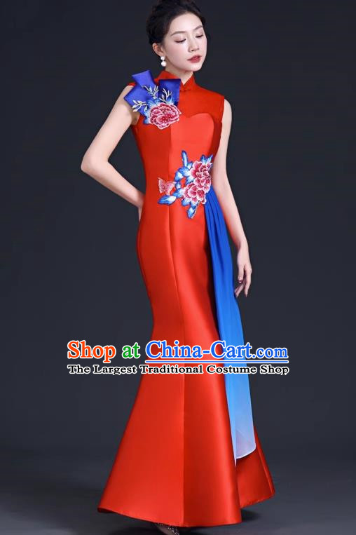Chinese Style Improved Long Fishtail Banquet Evening Dress Skirt Annual Meeting Performance Host Catwalk Cheongsam