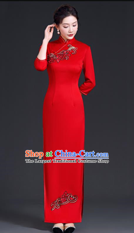 Chinese Style Simple Cheongsam Long Section Mother Model Team Catwalk Show Costume Red Evening Dress