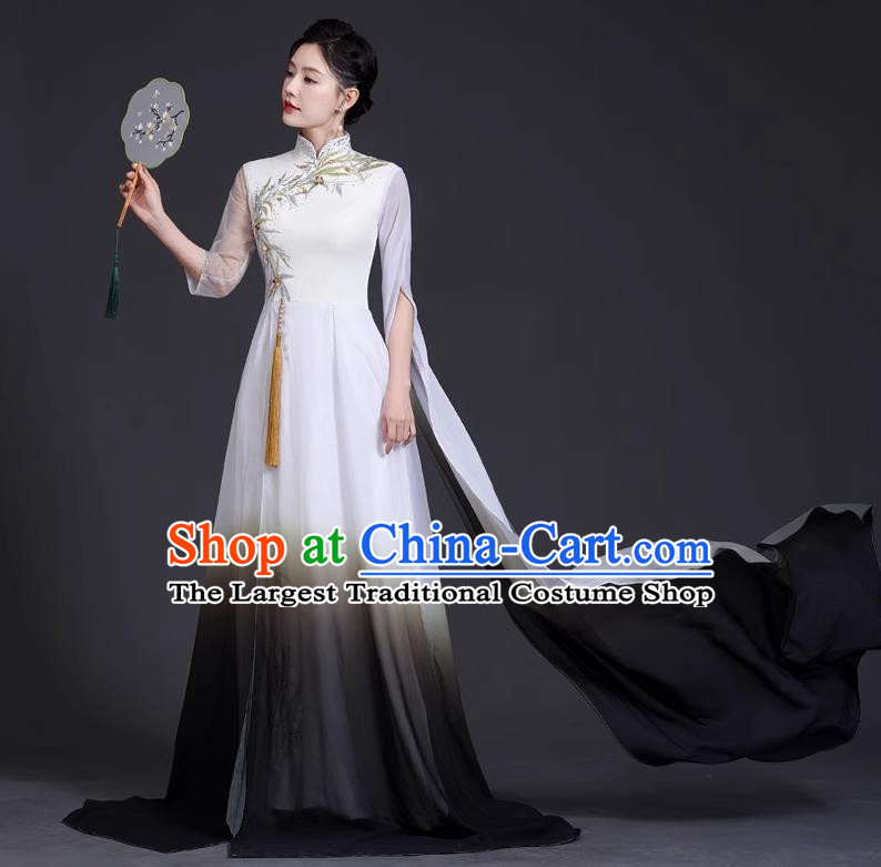 Top National Tide Style Banquet Evening Dress Long Model Catwalk Cheongsam Guzheng Art Test Solo Dress Embroidery