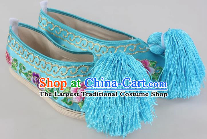 Blue Melaleuca Bottom Peony Flower Embroidered Shoes Huadan Flat Cloth Bottom Opera Color Shoes Xiaodan Cloth Shoes Ancient Costume Performance Chinese Style