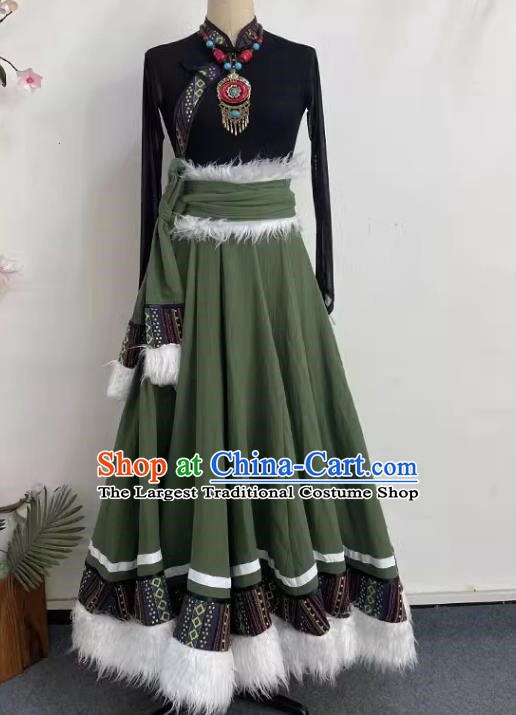 Black Olive Green Tibetan Dance Women Big Swing Skirt Tibetan Clothing Minority Practice Clothing Art Test Practice Performance Clothing