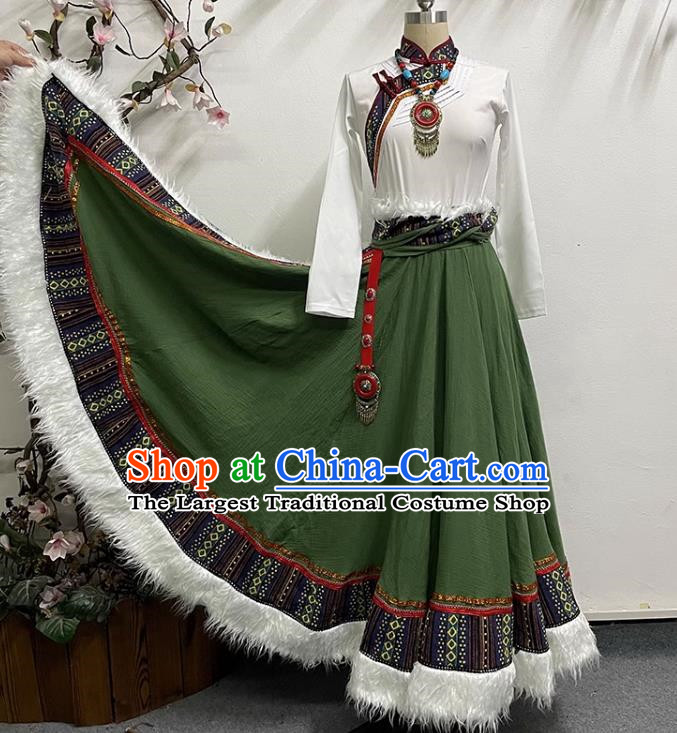 White and Green Tibetan Dance Women Large Swing Skirt Tibetan Clothing Minority Practice Clothing Art Test Practice Performance Clothing