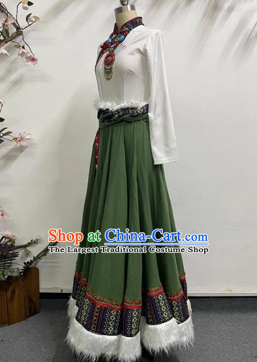 White and Green Tibetan Dance Women Large Swing Skirt Tibetan Clothing Minority Practice Clothing Art Test Practice Performance Clothing