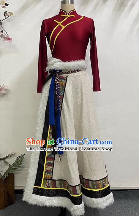 Red and White Tibetan Dance Women Big Swing Skirt Tibetan Clothing Minority Practice Clothing Art Test Practice Performance Clothing
