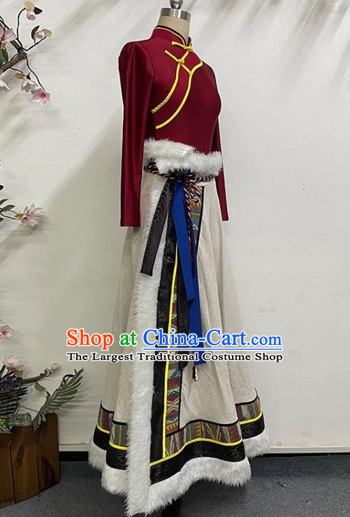 Red and White Tibetan Dance Women Big Swing Skirt Tibetan Clothing Minority Practice Clothing Art Test Practice Performance Clothing