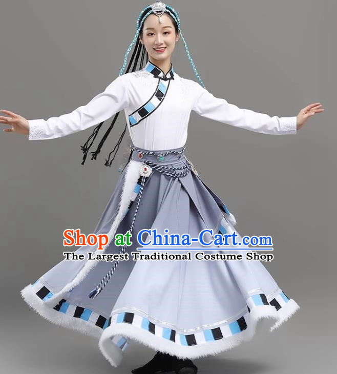 White Gray Tibetan Dance Women Big Swing Skirt Tibetan Clothing Minority Practice Clothing Art Test Practice Performance Clothing