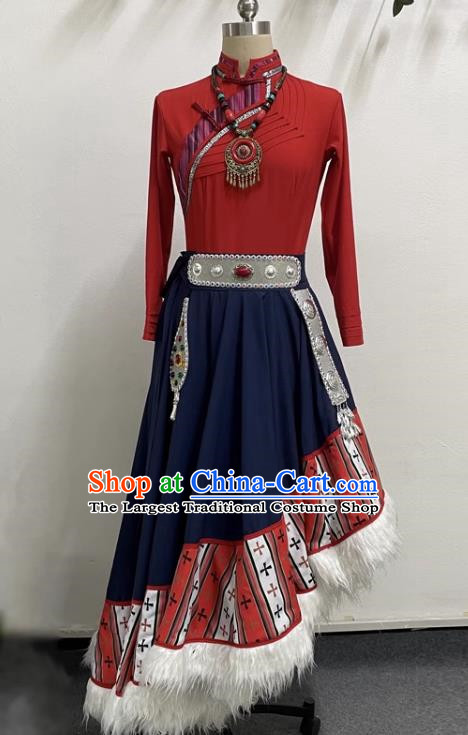 Red Tibetan Dancing Women Big Swing Skirt Tibetan Clothing Ethnic Minority Practice Clothing Art Test Practice Performance Clothing