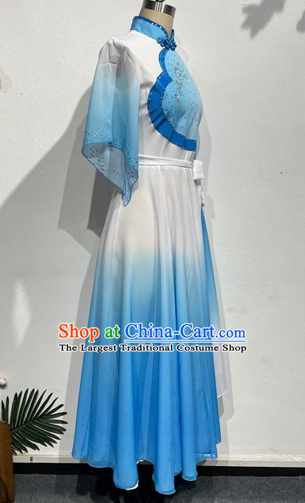 Blue Dance Students Such As Summer Flowers with Dress Fan Dance Practice Skills Examination Jiaozhou Yangko Dance Costumes Performance Costumes