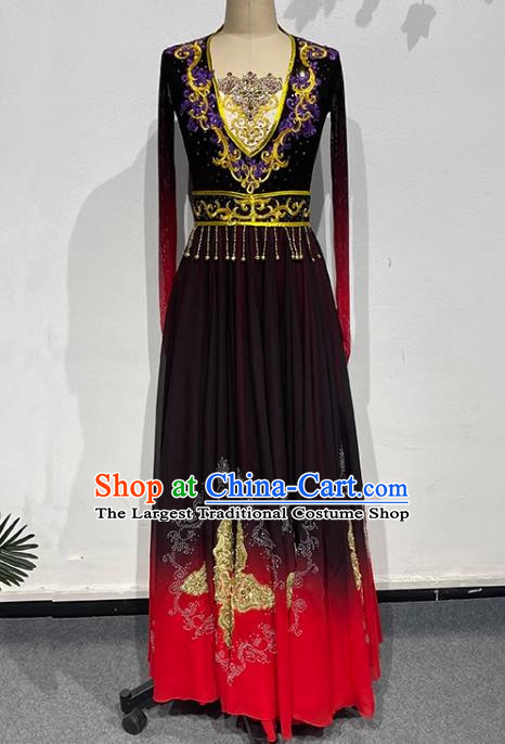 Black and Red Uyghur Dance Art Examination Performance Clothing China Xinjiang Dance Ethnic Style Clothing Adult Big Skirt Practice Performance