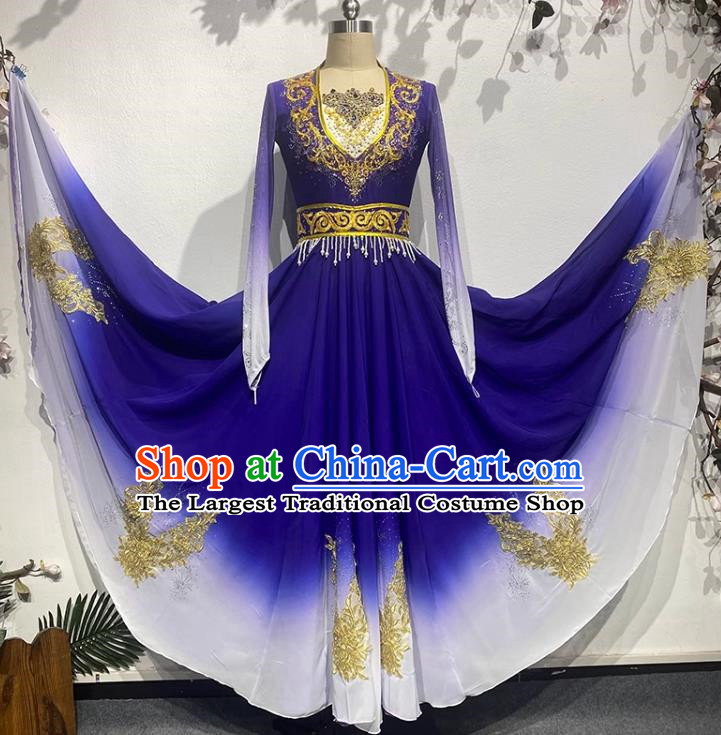 Dark Blue Uighur Dance Art Examination Performance Clothing China Xinjiang Dance Ethnic Style Clothing Adult Big Skirt Practice Performance