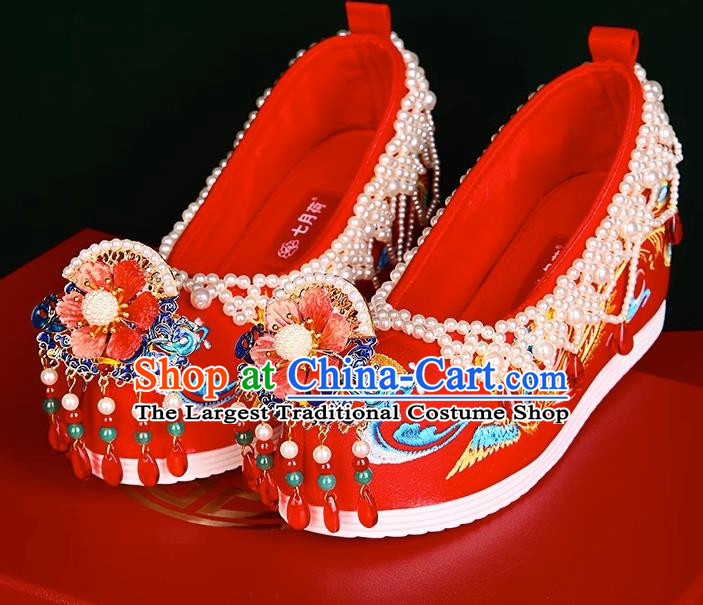 Xiuhe Wedding Shoes Zhenghong Phoenix Beaded Chinese Style Bridal Embroidered Shoes Ming Dynasty Hanfu