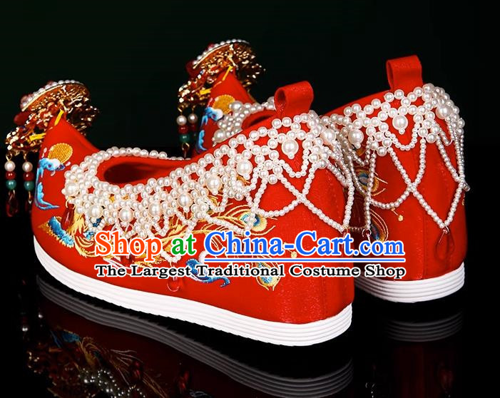 Xiuhe Wedding Shoes Zhenghong Phoenix Beaded Chinese Style Bridal Embroidered Shoes Ming Dynasty Hanfu