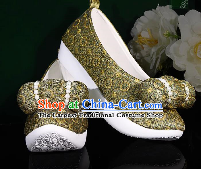 Yellow Green Hanfu Shoes Women Original Ancient Style Inner Heightened Round Toed Soft Soled Shoes Ming Made Horse Faced Cloud Shoes