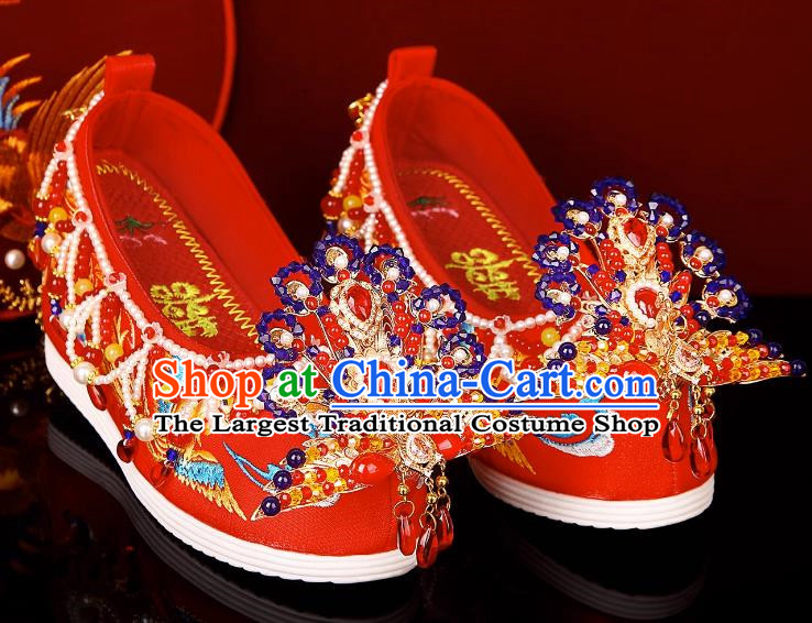 Wedding Shoes Female Bride Phoenix Chinese Style Heavy Industry Beaded Red Embroidered Shoes Pearls