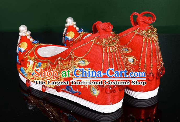Hanfu Wedding Shoes Women Bow Shoes Xiuhe Shoes Are Red Beaded Tassel Chinese Wedding Shoes Embroidered Phoenix