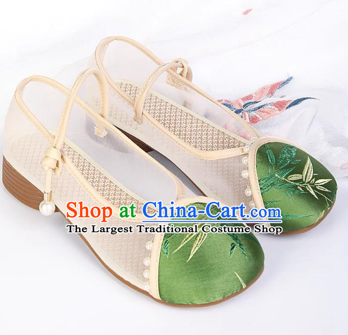 Sandals Pearl Round Toe Buckle Mesh Breathable Sandals Women Antique Hanfu Shoes