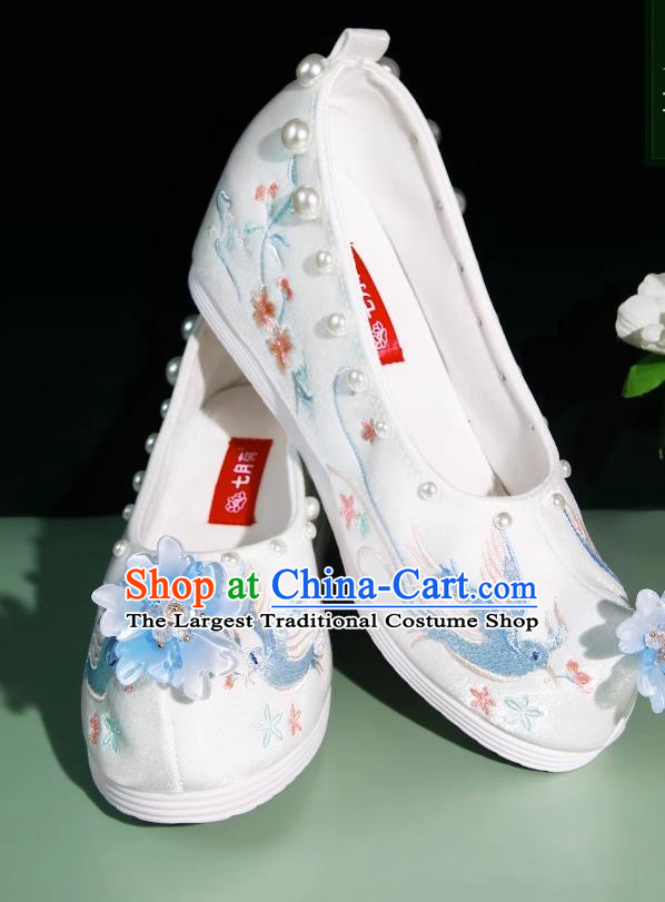 Embroidered Shoes Hanfu Matching Shoes Shallow Mouth Increase Handmade Beaded Pearl Cloth Shoes