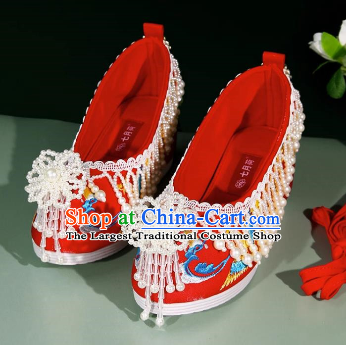Xiuhe Wedding Shoes Handmade Beaded Pearl Tassel Red Ming Wedding Chinese Style Embroidery