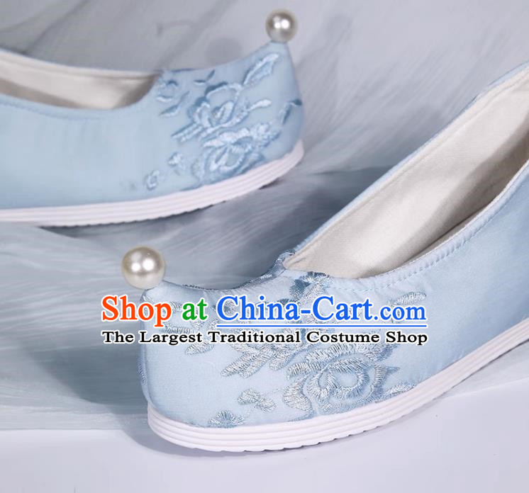 Embroidered Hanfu Shoes Light Blue Pearl Inner Height Increase