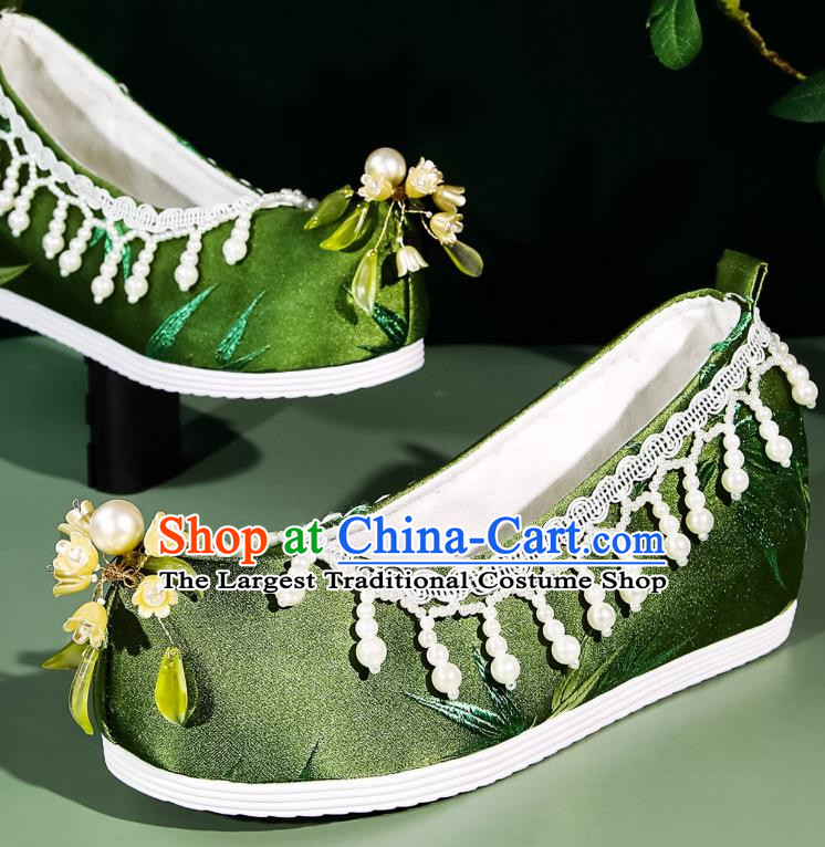 Hanfu Shoes Women Handmade Beaded Pearl Flower Ancient Cloth Shoes